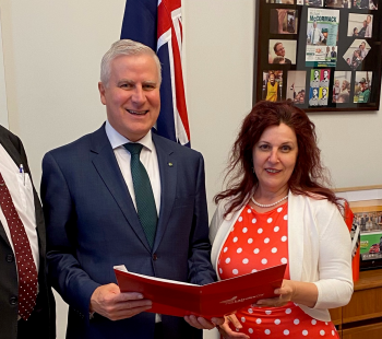 Latrobe City Council Deputy Mayor Cr Darren Howe (left) and Mayor Cr Sharon Gibson meet with Deputy Prime Minister Michael McCormack in Canberra.