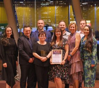 Celebration: Latrobe City Council staff celebrate the LGPro Award. Back (L-R) Danielle Cox, Steve Piasente, Jody Riordan, Brian Feltham, Nathan Robinson; Front (L-R) Janine Alexander, Tania Eleftheriou, Gail Gatt, Bianca James