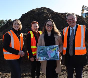 Left to Right: Mayor Cr O'Callaghan, Regional Development Victoria’s Regional Director Sara Rhodes-Ward, Minister Harriet Shing and Latrobe Valley Authority’s CEO Chris Buckingham ground-breaking the Gippsland Logistics Precinct site.