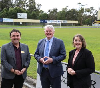 (L-R) Latrobe City Deputy Mayor Cr Dan Clancey, Minister for Commonwealth Games Legacy Shaun Leane and Mayor Cr Kellie O’Callaghan at the Gippsland Sports and Entertainment Park in Morwell 