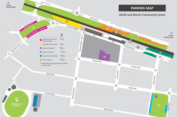 Parking Map for AFLW and MArsh Community Series at Morwell Recreation Reserve