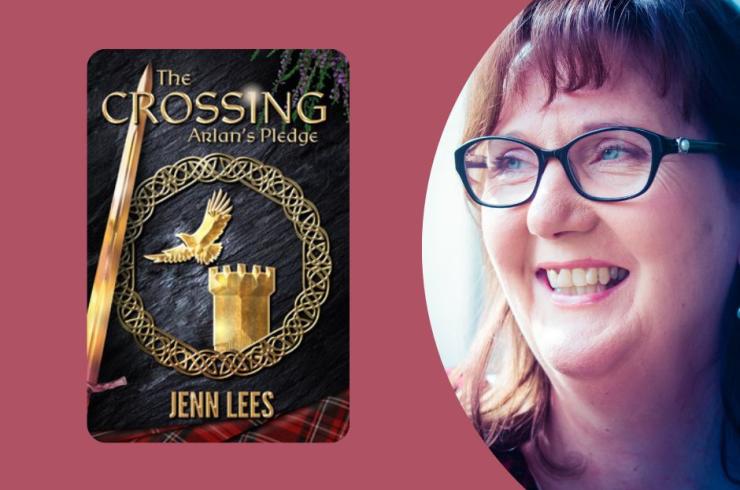 Graphic showing author Jenn Lees smiling and the cover of her book 'The Crossing'