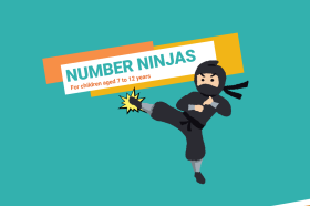 A graphic showing a cartoon black clad ninja kicking a banner that reads Number Ninjas